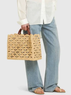 Borsa shopping in rafia con ricami