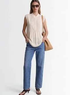 Crepe de chine long top w/ lace trim