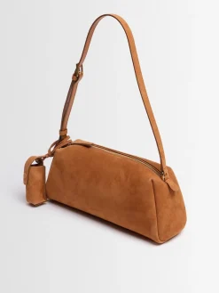 Elongated suede shoulder bag