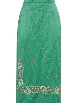 Embellished textured satin pencil skirt
