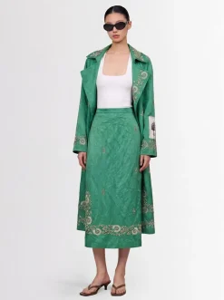 Embellished textured satin pencil skirt