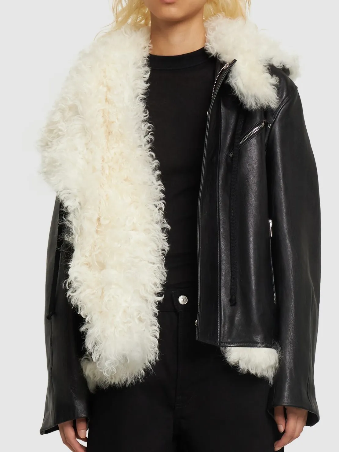 Giacca biker in pelle e shearling / cappuccio