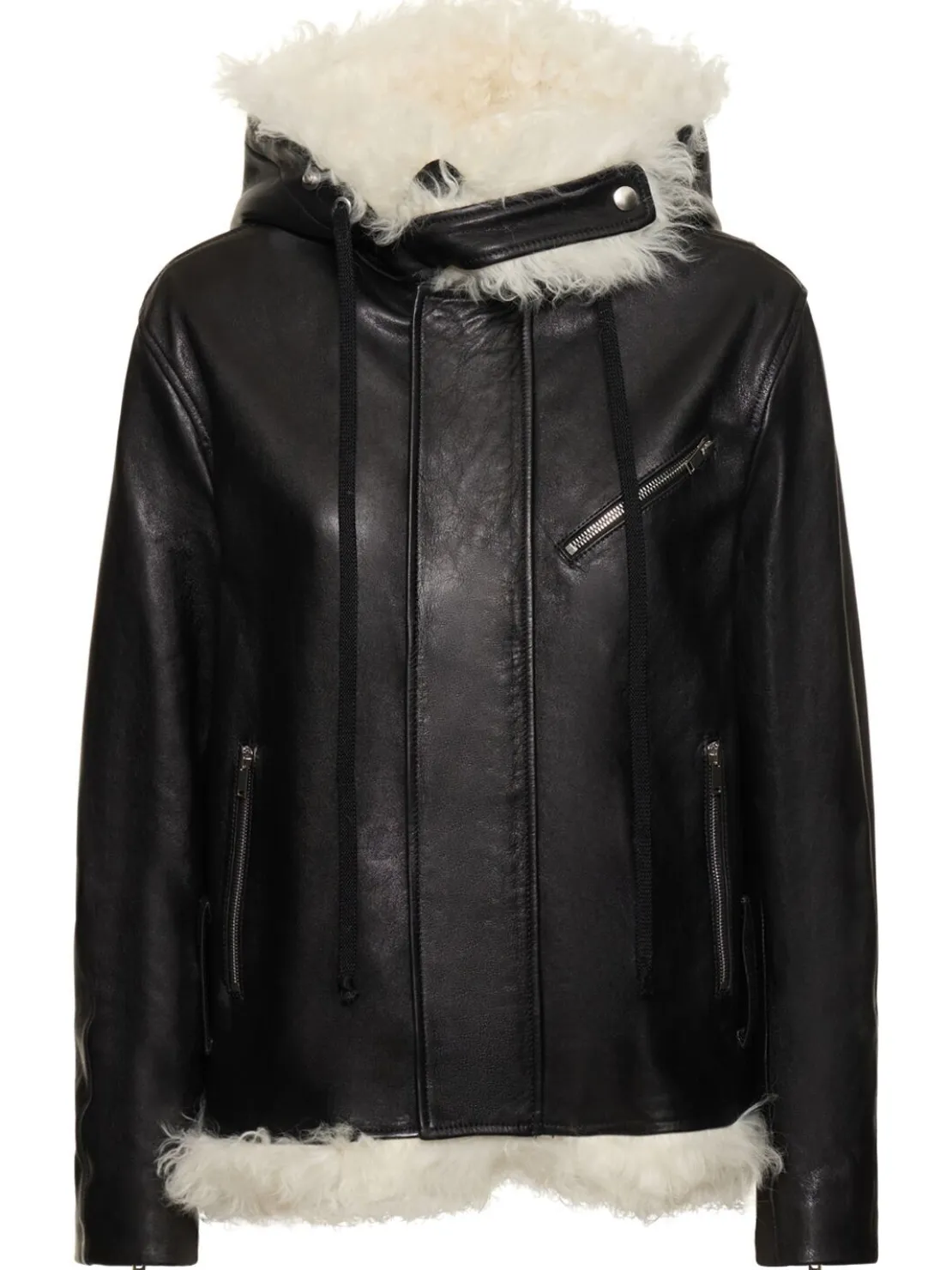 Giacca biker in pelle e shearling / cappuccio