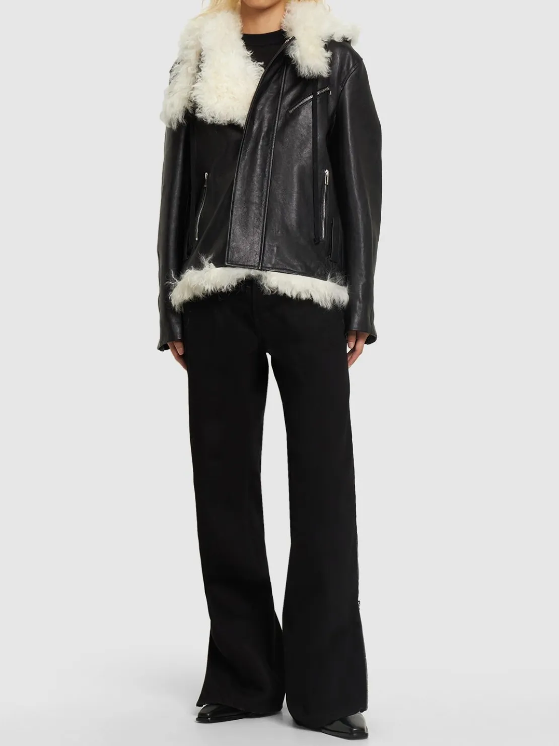 Giacca biker in pelle e shearling / cappuccio