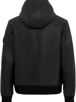 Leather zip-up hooded jacket