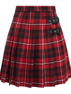Minigonna in lana tartan plissé con fibbie