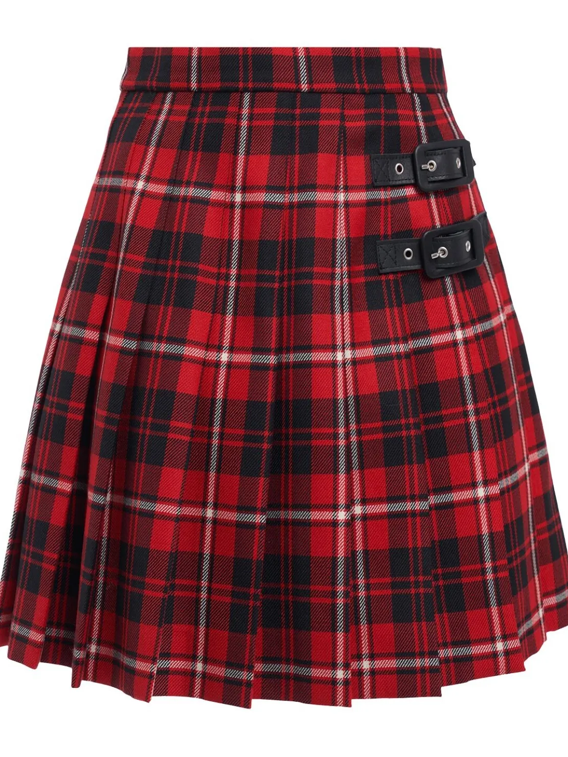 Minigonna in lana tartan plissé con fibbie