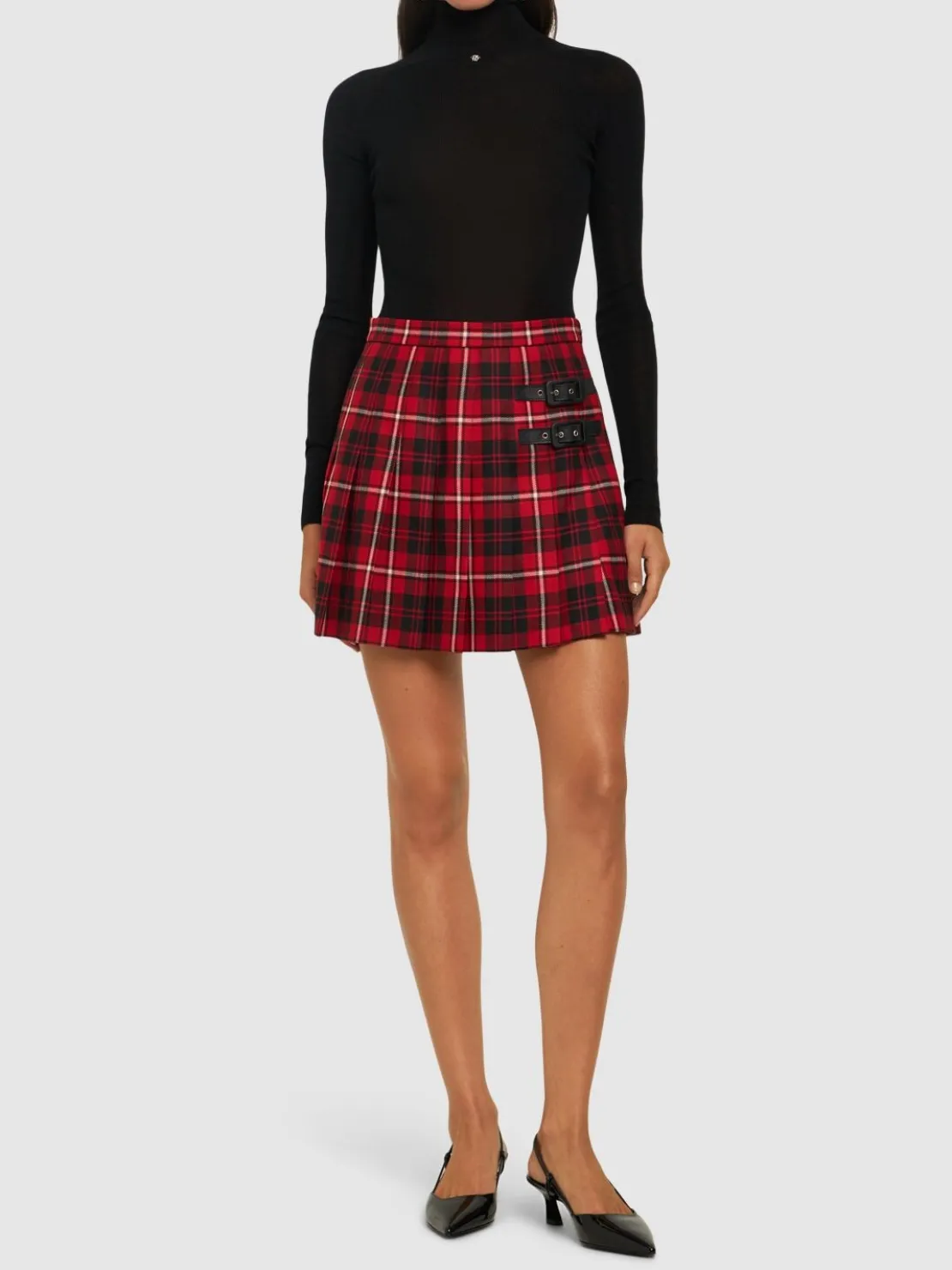 Minigonna in lana tartan plissé con fibbie