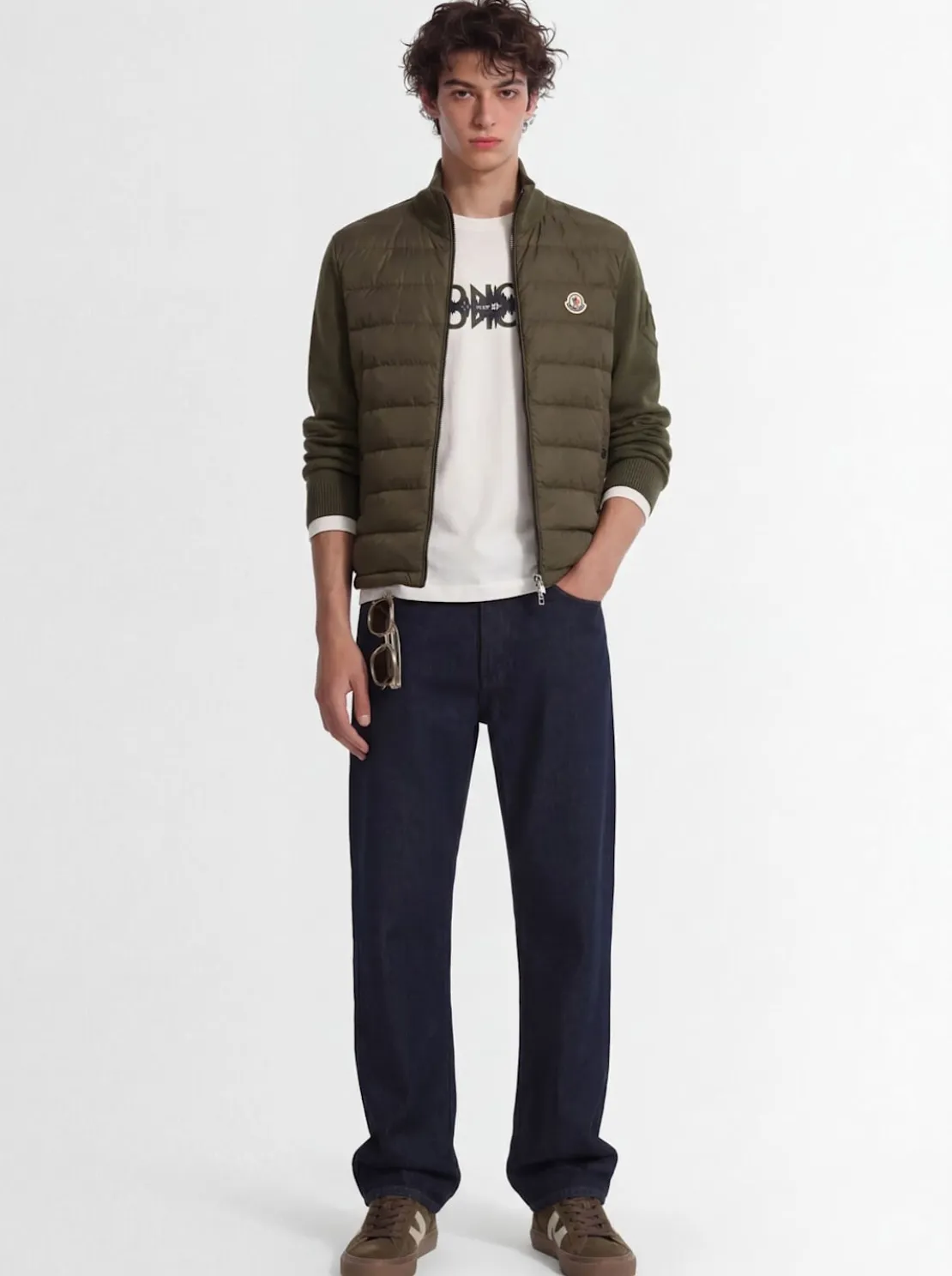 Padded zip-up cotton blend down cardigan