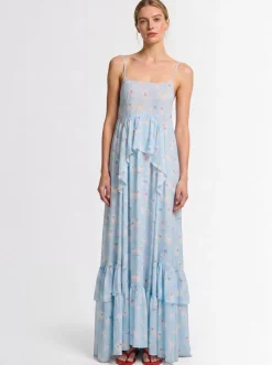 Poodle print ruffled maxi dress