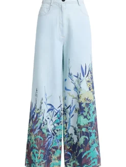 Printed denim wide jeans