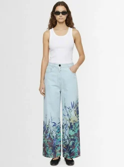 Printed denim wide jeans