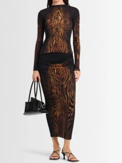 Top a maniche lunghe Wood in mesh stampato