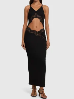 Vestito lungo in techno a costine con pizzo