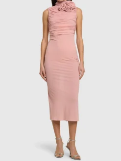 Vestito midi in seta trasparente con rose